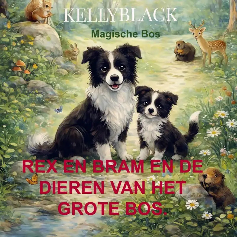 Een charmant geïllustreerde kinderboekencover met zwart-witte border collie pups in het magische grote bos
