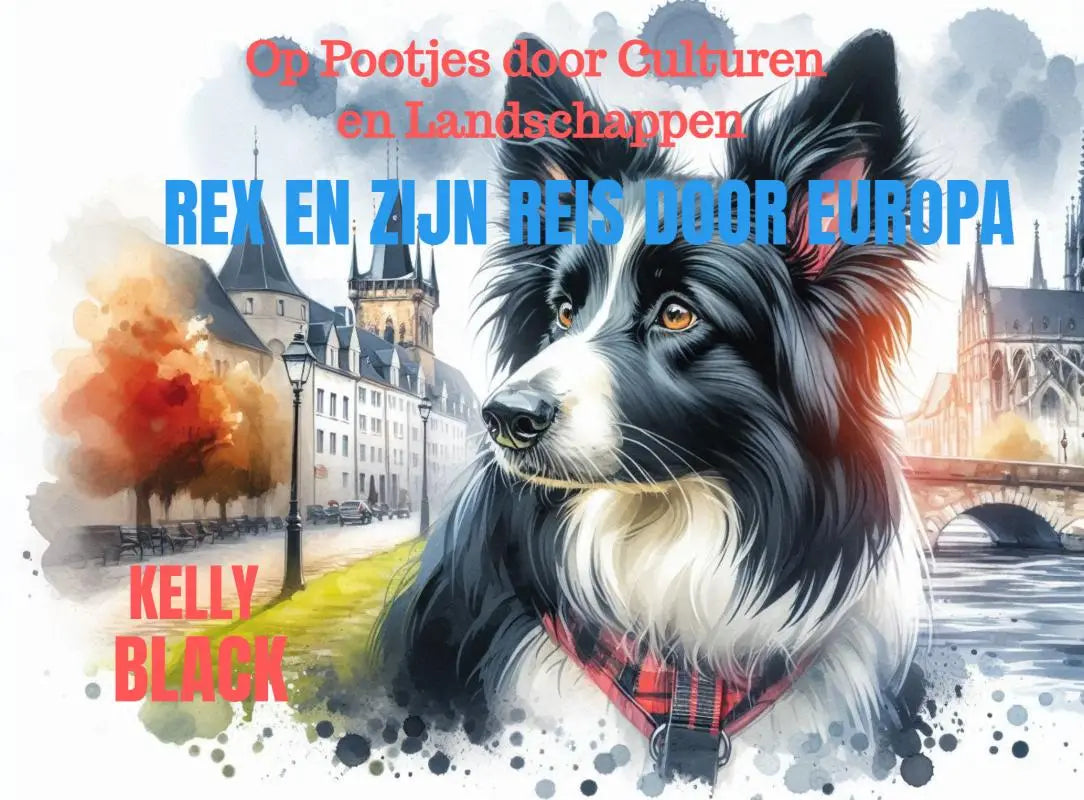 Illustratie van een zwartwitte border collie met gouden ogen en een rood geruit harnas in rex en zijn reis door europa