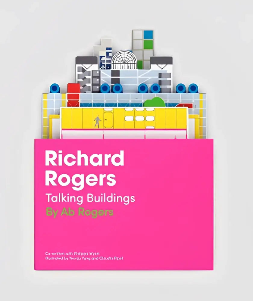 Pink boekcover van richard rogers talking buildings met kleurrijke illustratie van blokachtige gebouwen