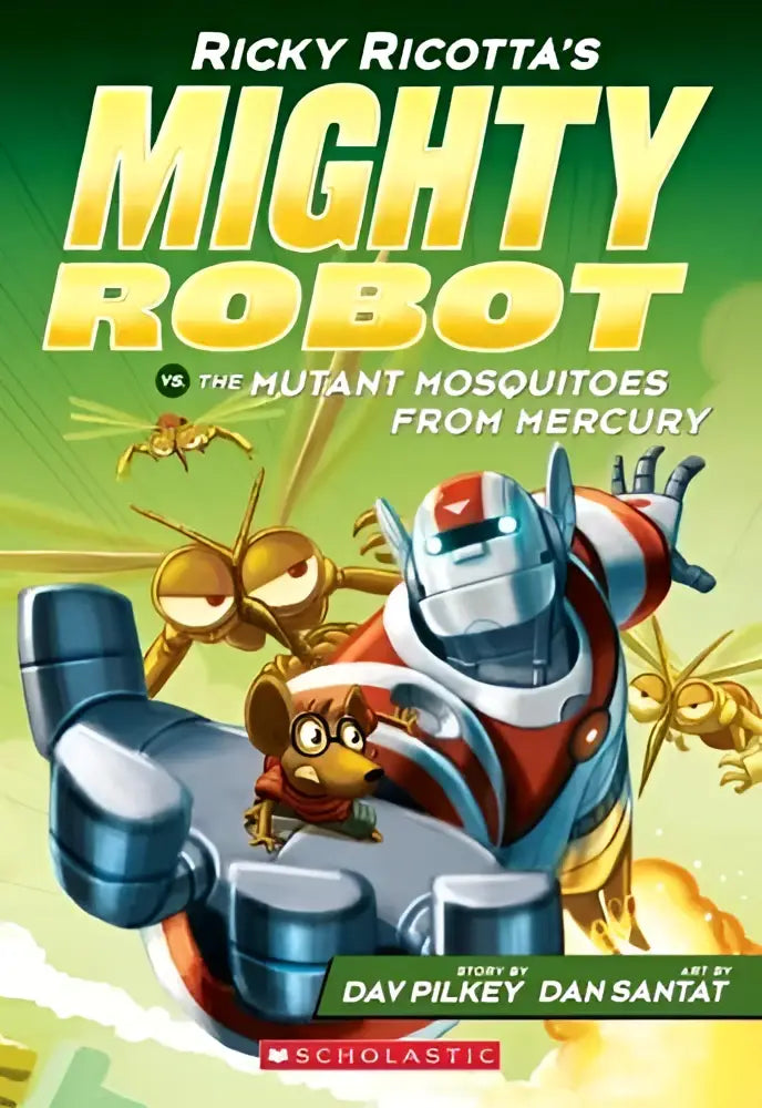 De omslag toont een rood, wit en blauw mighty robot met zilveren accenten van ricky ricottas mighty robot boek