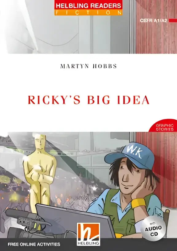 Boekomslag Ricky’s big idea van Martyn Hobbs met jongen aan laptop bij Oscar