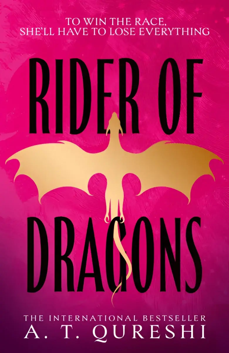Roze boek met gouden draak silhouet en titel rider of dragons van a t qureshi over will train her en dragon races