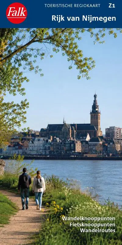 Falk topografische kaarten van rijk van nijmegen met wandelroutes langs rivier en historische gebouwen onder blauwe lucht