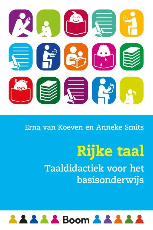 De boekcover van rijke taal toont een levendige blauwe achtergrond met gele letters voor het primair onderwijs