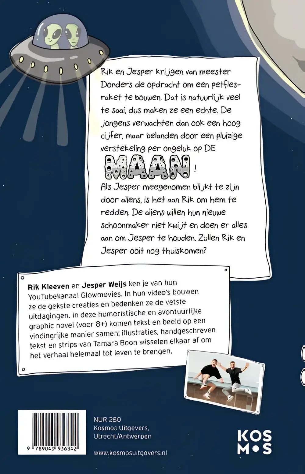 De achterkant van het kinderstripboek donders de opdracht van meester donders door rik kleevan en jesper weij van kosmos uitgevers