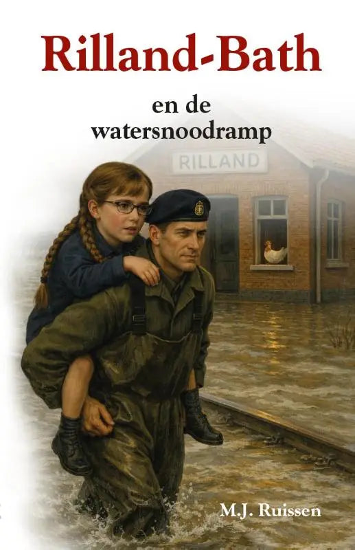 De boekcover van rilland-bath en de watersnoodramp toont een militaire man die een meisje redt in floodwaters, historische reeks