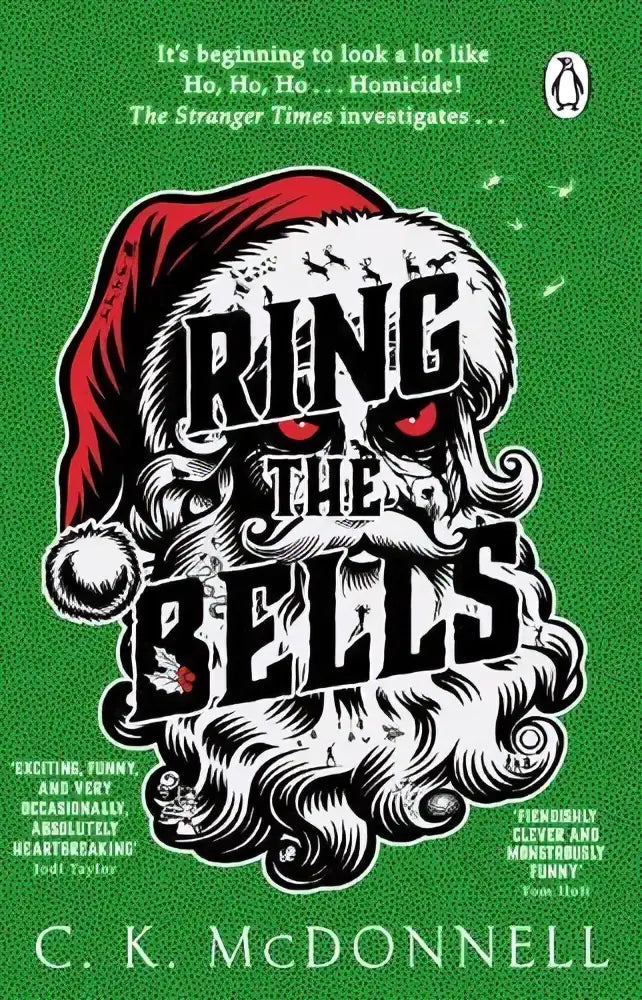 Een groen boekomslag van avontuurlijke fictie ring the bells met een zwart-wit illustratie van urban fantasy kerstman