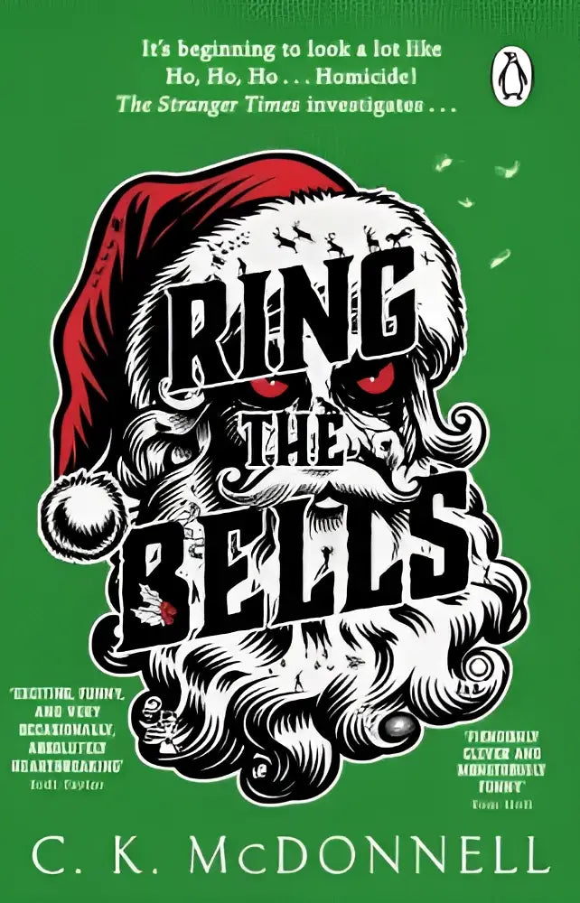 Groene boekomslag van ring the bells met zwart-witte illustratie van de kerstman met rode ogen en lange baard