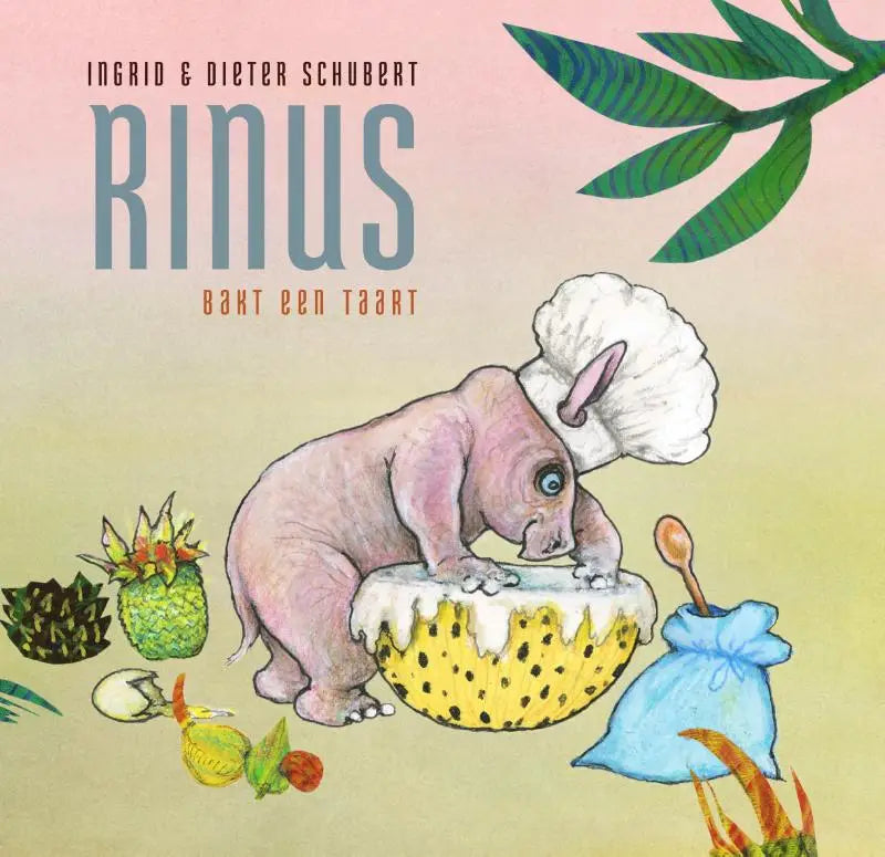 Een roze neushoorn met een witte kokshelm bakt een taart op de omslag van rinus bakt voor jonge lezers