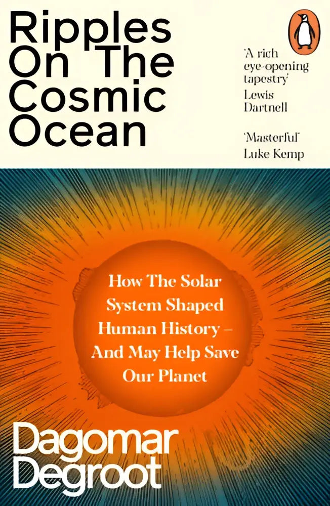 De boekcover van ripples on the cosmic ocean door dagomar degroot toont een oranje en blauwe kosmische design