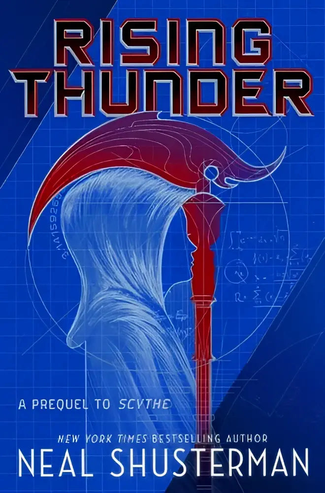 The book cover for rising thunder a prequel to scythe shows a red and white scythe on a blue grid background for jonge lezers
