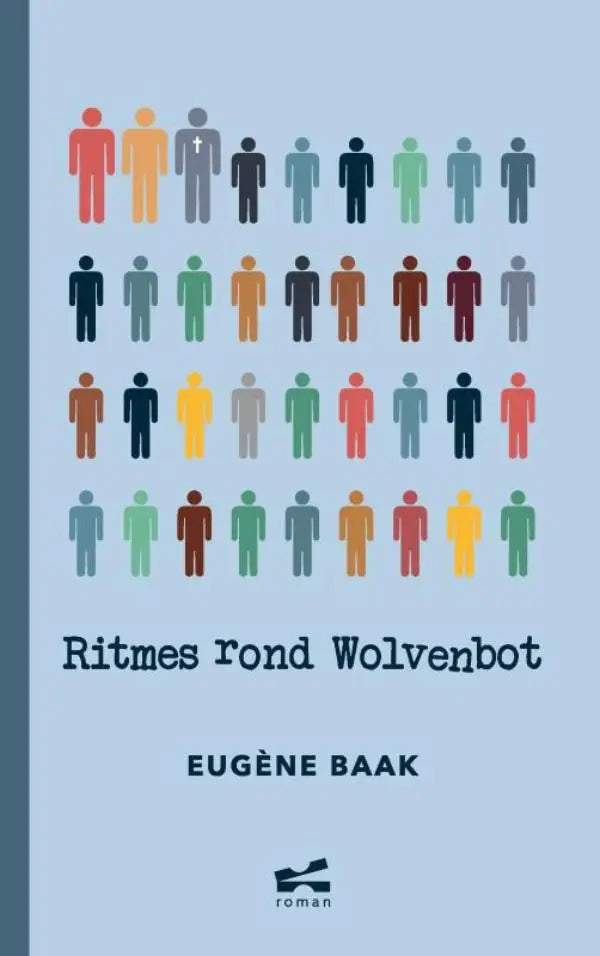 Lichtblauwe boekomslag ritmes rond wolvenbot met kleurrijk raster van gestileerde menselijke figuren