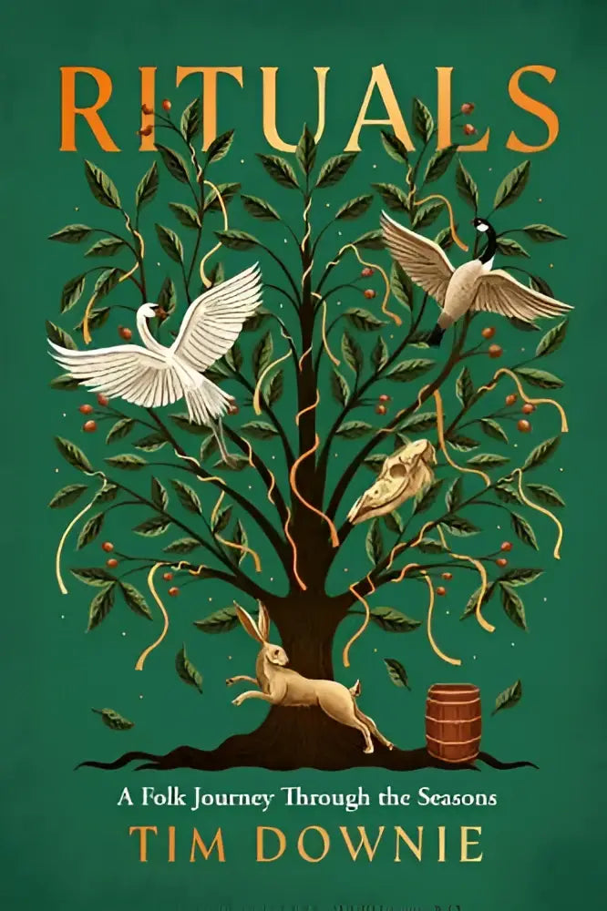 Boekcover van rituals met rijke groene achtergrond en ornamentale illustratie van boom met vogels en dieren door tim downie