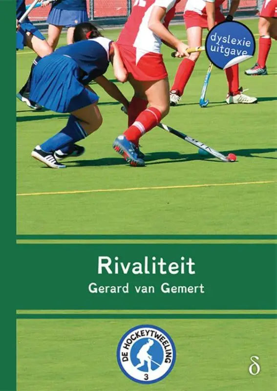 Groene boekcover van rivaliteit deel 3 van serie de hockey-tweeling met dynamische hockeywedstrijd in rood en blauw