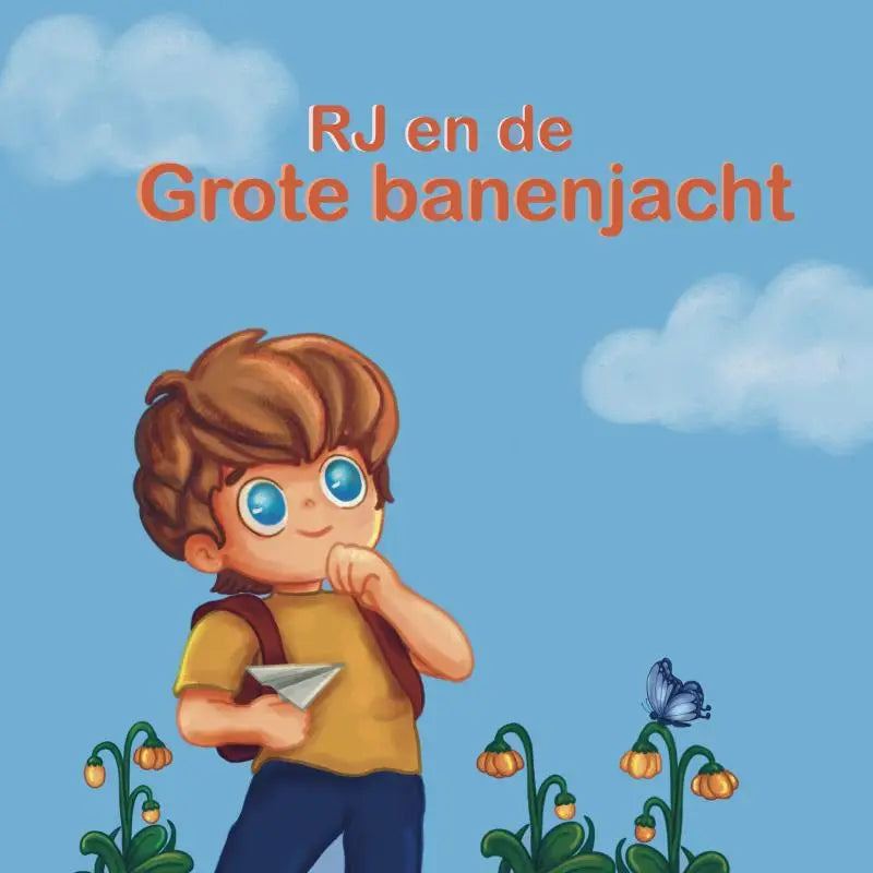 Een cartoonjongen met bruin haar en blauw ogen houdt een wit papieren vliegtuigje voor oranje bloemen bij grote banenjacht voor jonge lezers