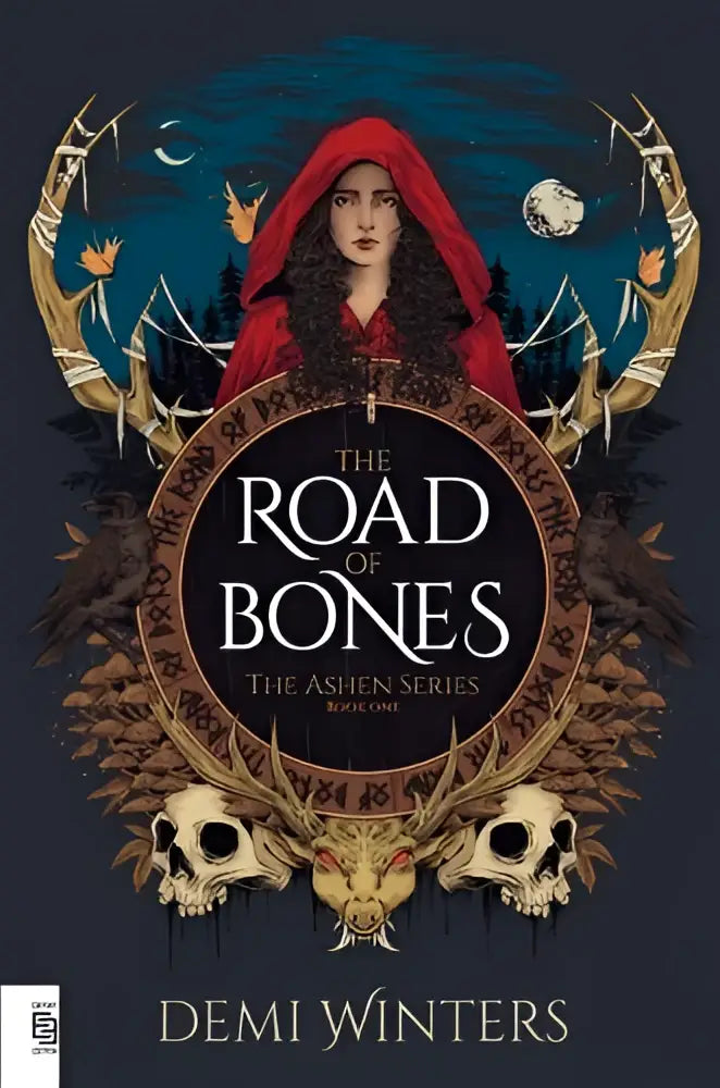 De cover van road of bones boek one in the ashen series toont een vrouw in een rode kap voor een ornament met schedels