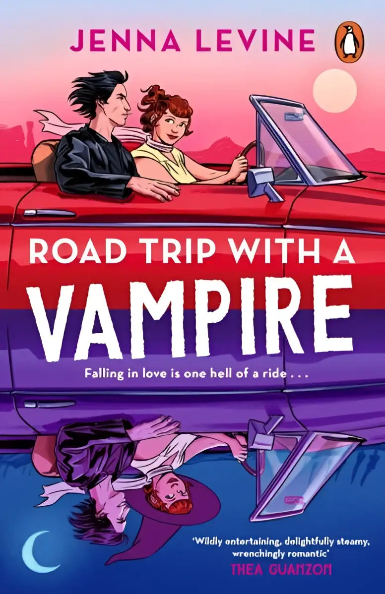 Boekomslag road trip met een vampier toont rode cabriolet met zwarte bestuurder en vrouw naast hem