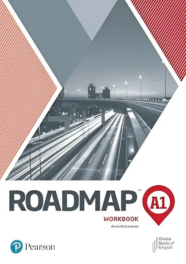 Sleek Roadmap A1 workbook met geometrisch grijs-rood driehoeksdesign over stadstransportfoto