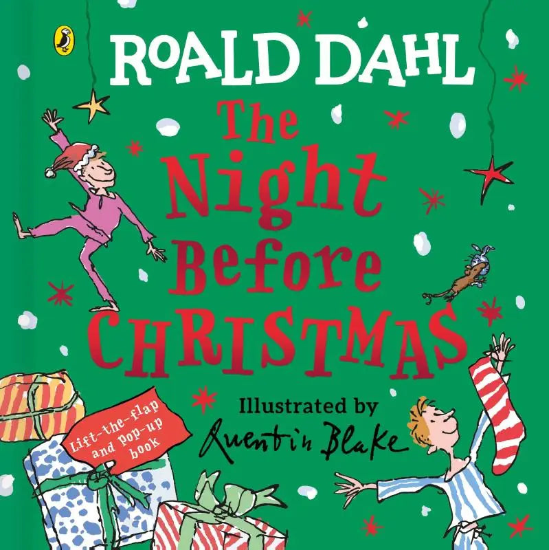 Groen gebonden kinderboek roald dahl the night before christmas met illustraties van pyjama personages en cadeaus
