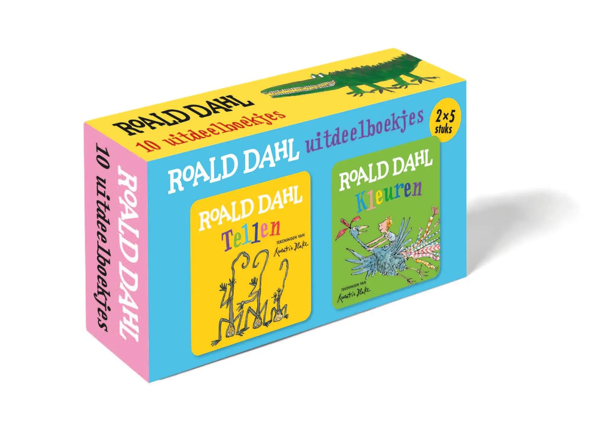 Brightly colored roald dahl uitdeelboekjes box set featuring two illustrated books tellen and kleuren in vibrant blue yellow and pink design
