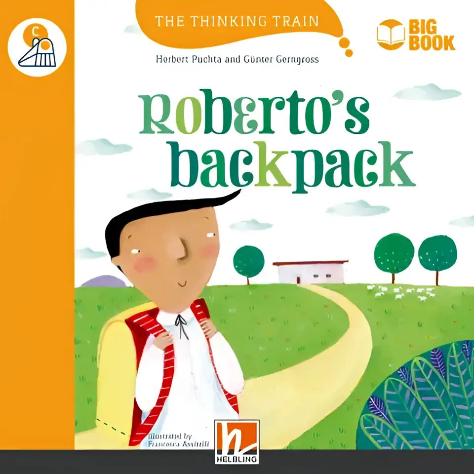 Grootboek Roberto’s Backpack met cartoonjongen met rood-wit rugzakje