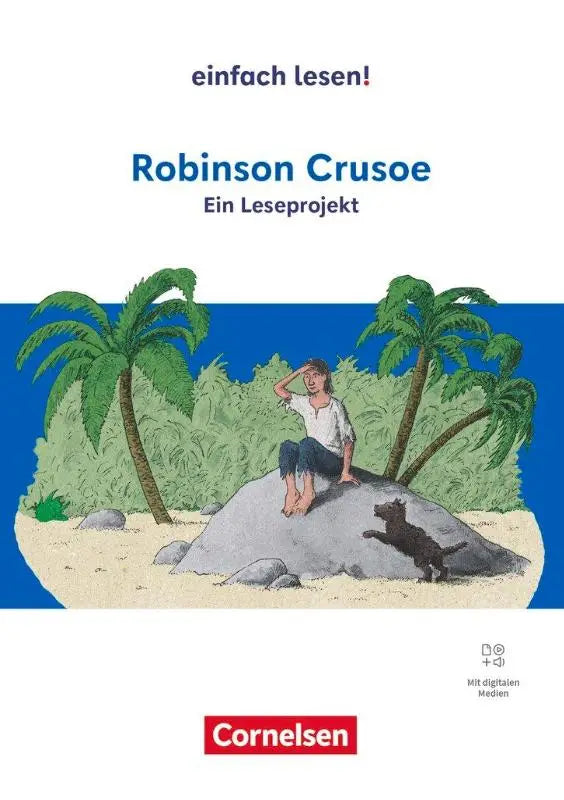 De cover van het robinson crusoe einfach lesen leesprojectboek van cornelsen toont een man met zijn hond op een tropisch eiland