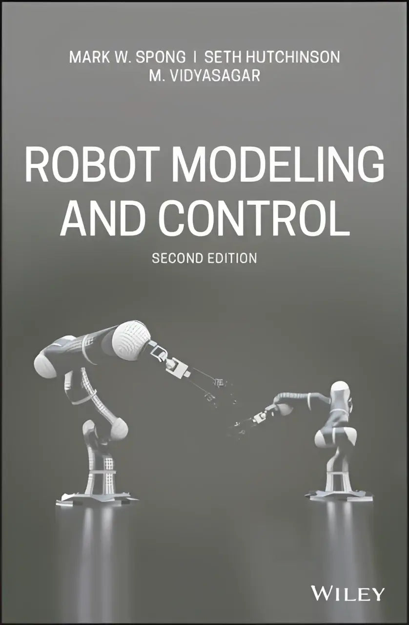 Grijze boekomslag van robot modeling and control met monochrome illustratie van twee robotarmen voor modellering en controle