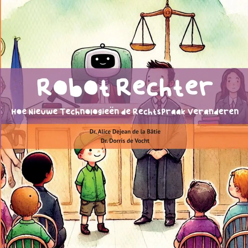 Groene robot rechter met glimlachende gezicht en afgerond lichaam illustreert hoe nieuwe technologieën de rechtspraak veranderen