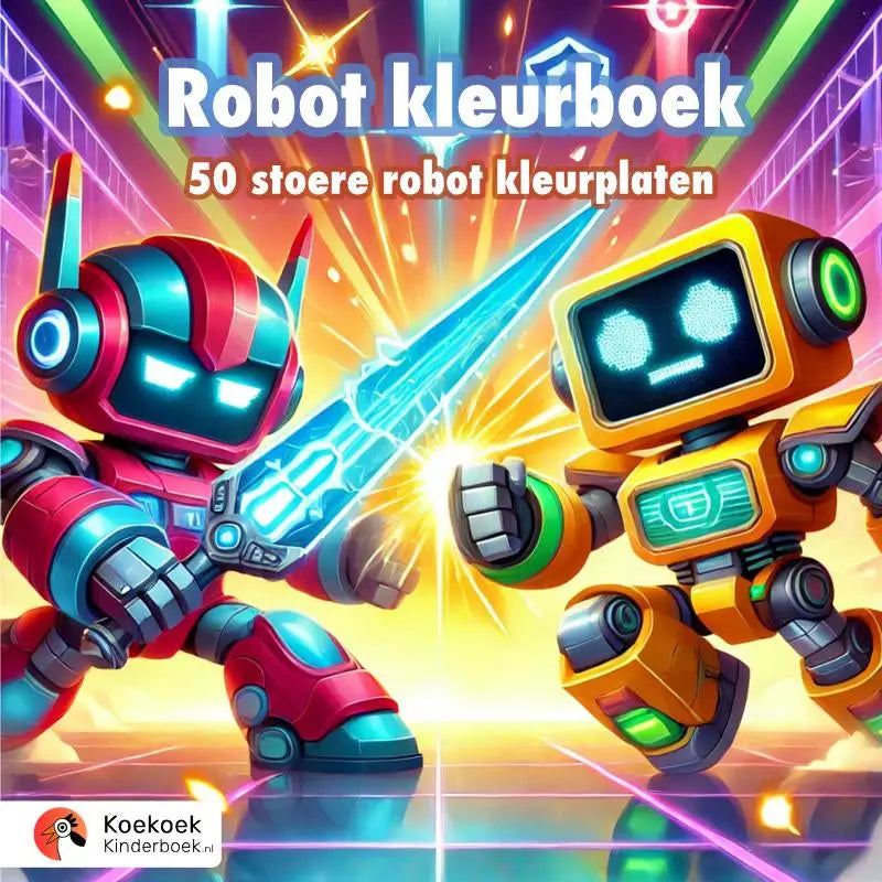 Vibrant rode en teal robot met gloeiende blauwe ogen en futuristisch zwaard in robots kleurboek voor jonge lezers