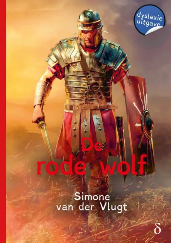De cover van de rode wolf toont een Romeinse soldaat in gedetailleerd metalen harnas met rode en gouden accenten