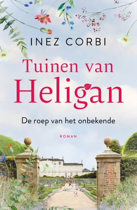 De roep van het onbekende boek met aquarelillustratie van symmetrische tuin en wit huis onder blauwe lucht