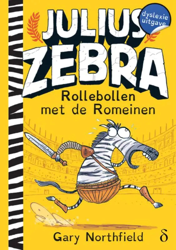 Gele boekomslag van rollebollen met de romeinen met cartoon zebrapersonage in harnas en zwaard