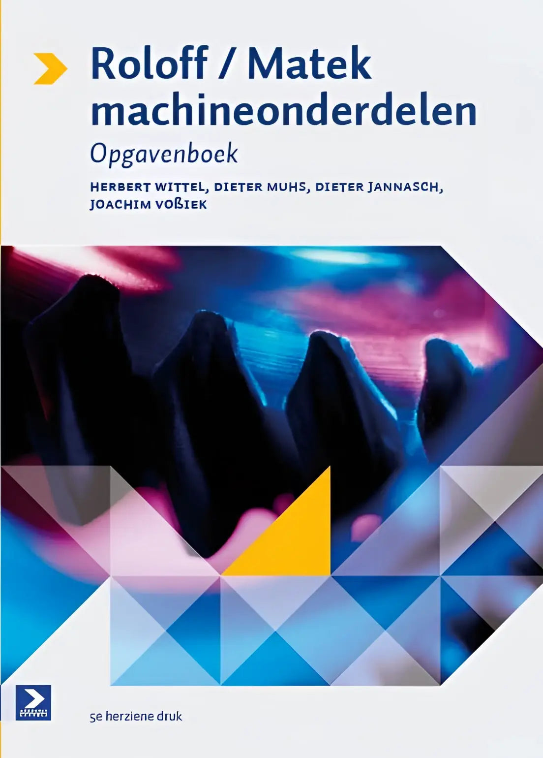 Het roloff matek machineonderdelen workbook omslag toont een geometrisch ontwerp in blauw, paars en geel met mechanische silhouetten