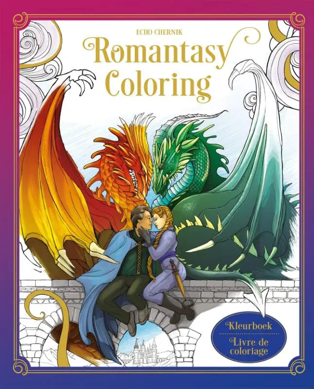 Romantasy coloring kleurboek met gedetailleerde lijntekeningen van een koppel op een boog met twee draken klaar om in te kleuren