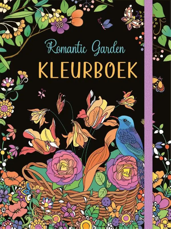 Een hardcover uitvoering van het romantic garden kleurboek met een kleurrijke bloemenmand en blauwe vogel op zwarte achtergrond