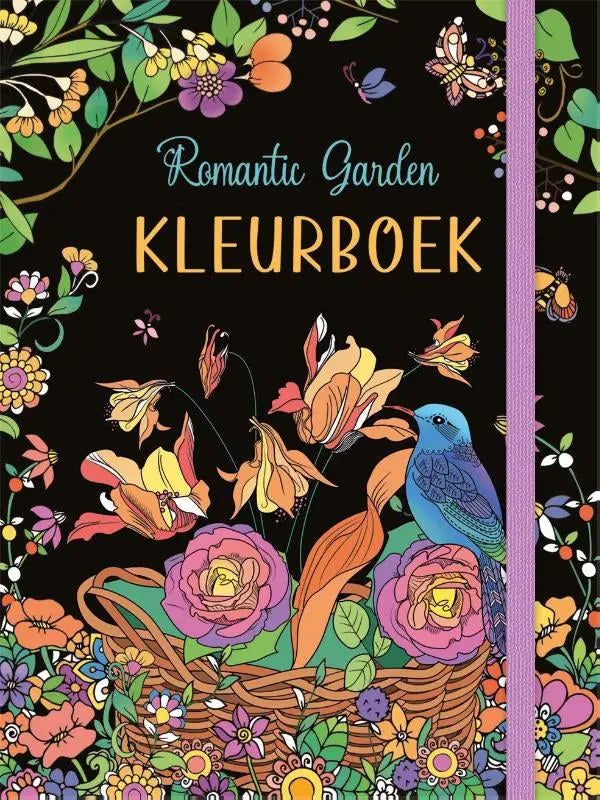 A vibrant romantic garden kleurboek with a woven basket of colorful flowers and a blue bird on black background deltas chantecler