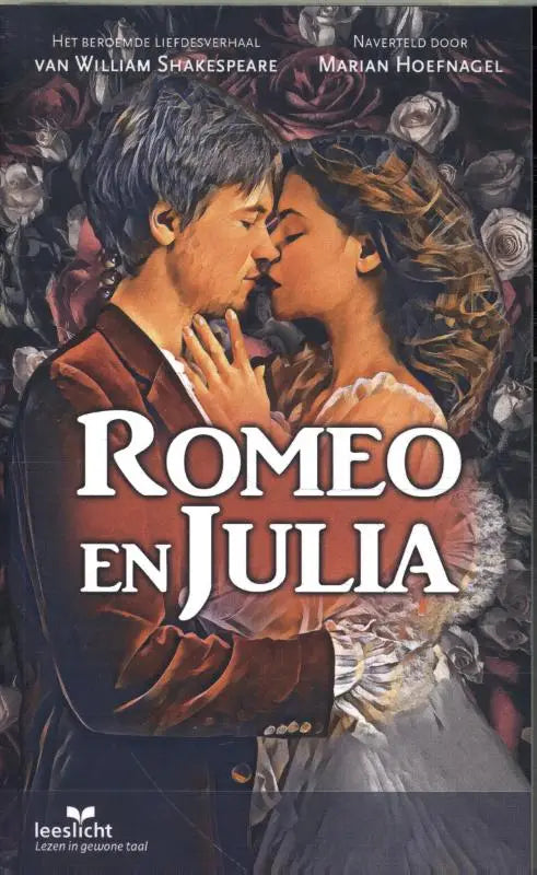 De voorkant van Romeo en Julia bevat een romantische illustratie van de hoofdpersonages met rozen op de achtergrond