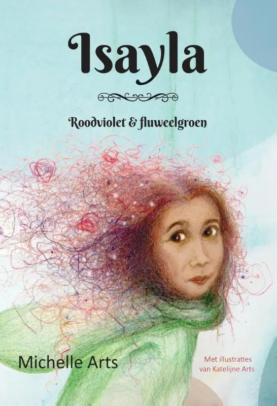 Boekcover van roodviolet en fluweelgroen met een aquarelillustratie van een vrouw met roodpaarse krullen op lichtblauwe achtergrond