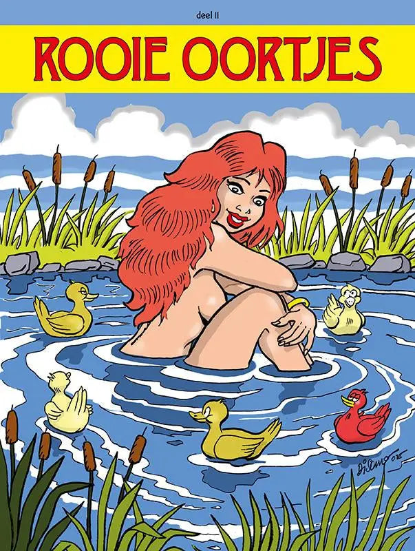 Vrouw met lange rode rooie oortjes haar zittend in vijver omringd door gele en rode eend jan bosschaert strips algemeen