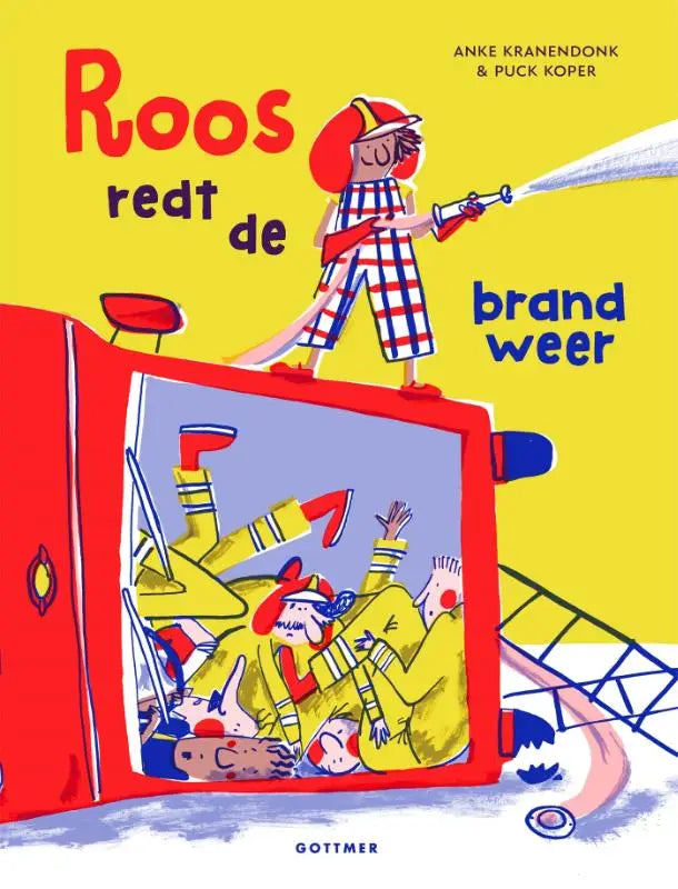 Een levendig rode brandweerwagen met een cartoonbrandweerman erop uit het boek roos redt van anke kranendonk