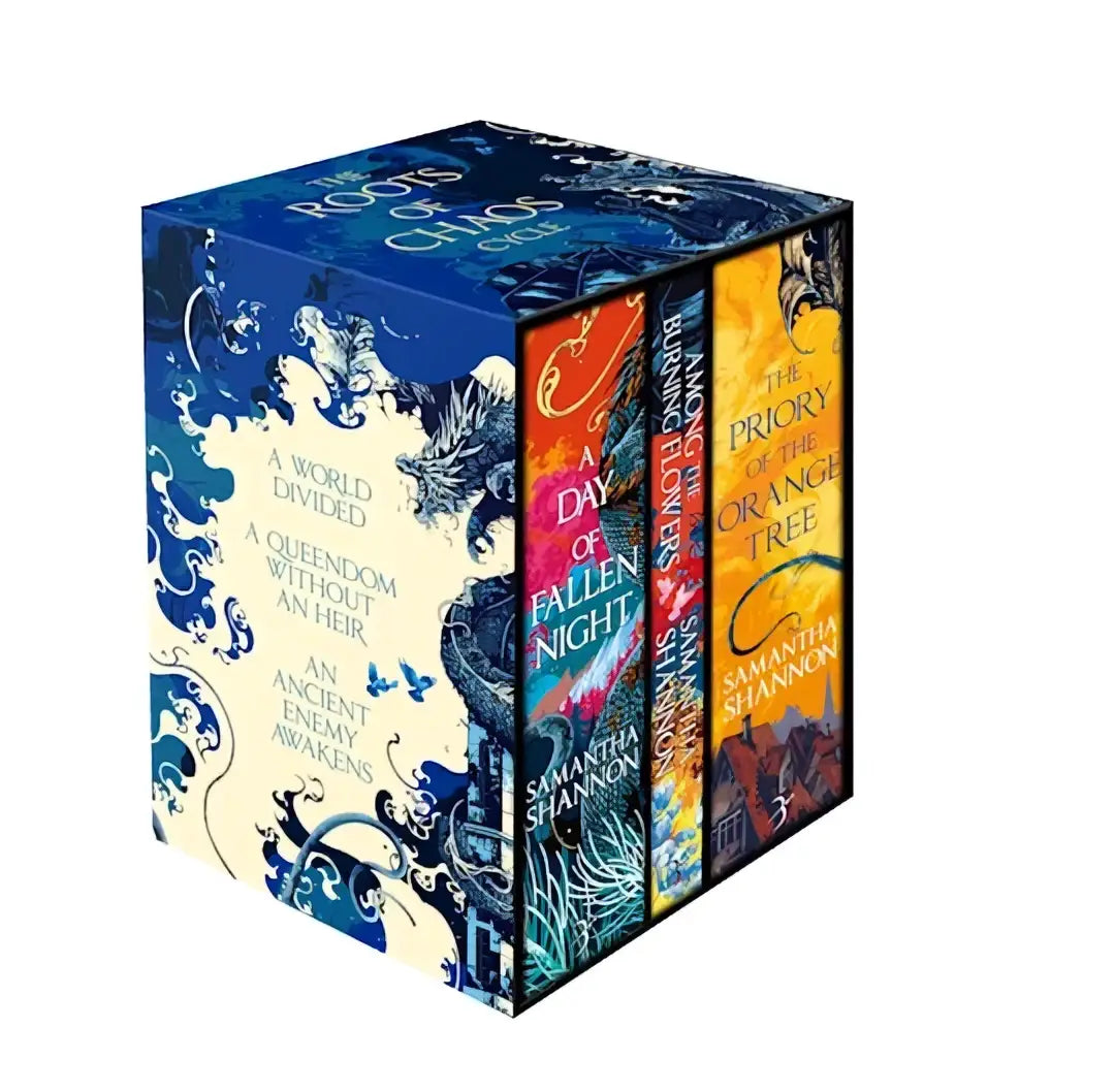 Blue and white illustrated chaos box set containing four fantasy novels by samantha shannon titled roots of chaos box set