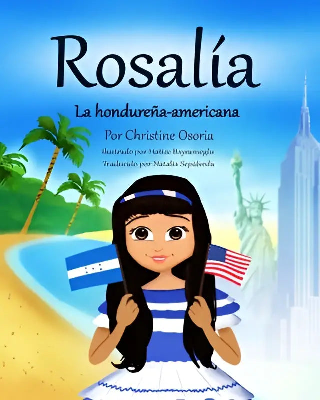 Een jonge meid in een blauw-witte gestreepte jurk met een hoofdband houdt de vlaggen van honduras en amerika vast in spanish edition hondureña-americana