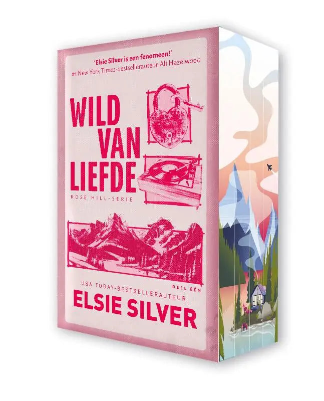 Roze harde kaft boekdoos rose hill complete serie met illustraties van bergen, hartslot en platenspeler voor small-town romance