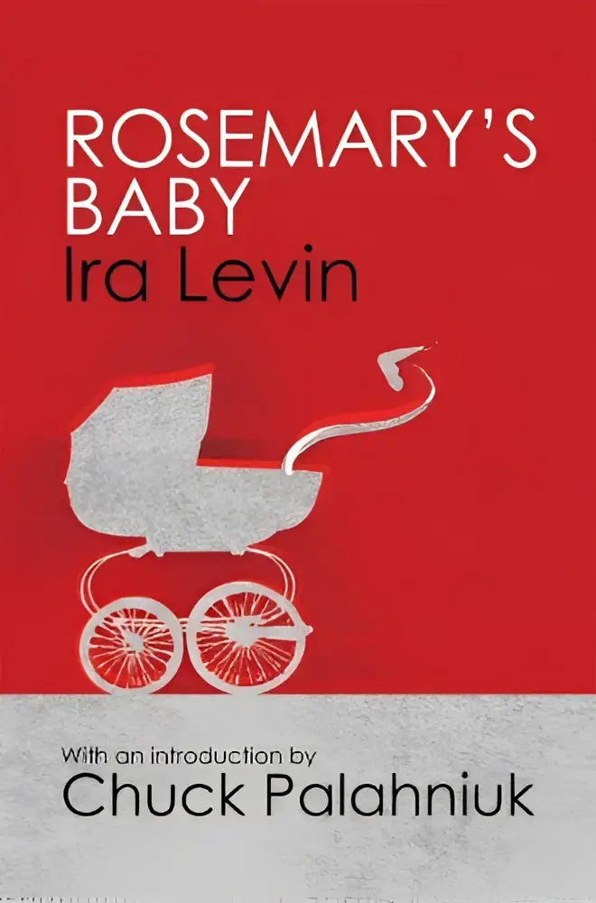 Een wit silhouet van een vintage babywagen met spaakwielen op een rode omslag van rosemary’s baby door chuck palahniuk