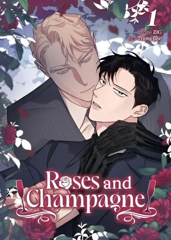 De cover van de manga roses and champagne toont twee personages in formele zwarte kleding met rode rozen op de achtergrond