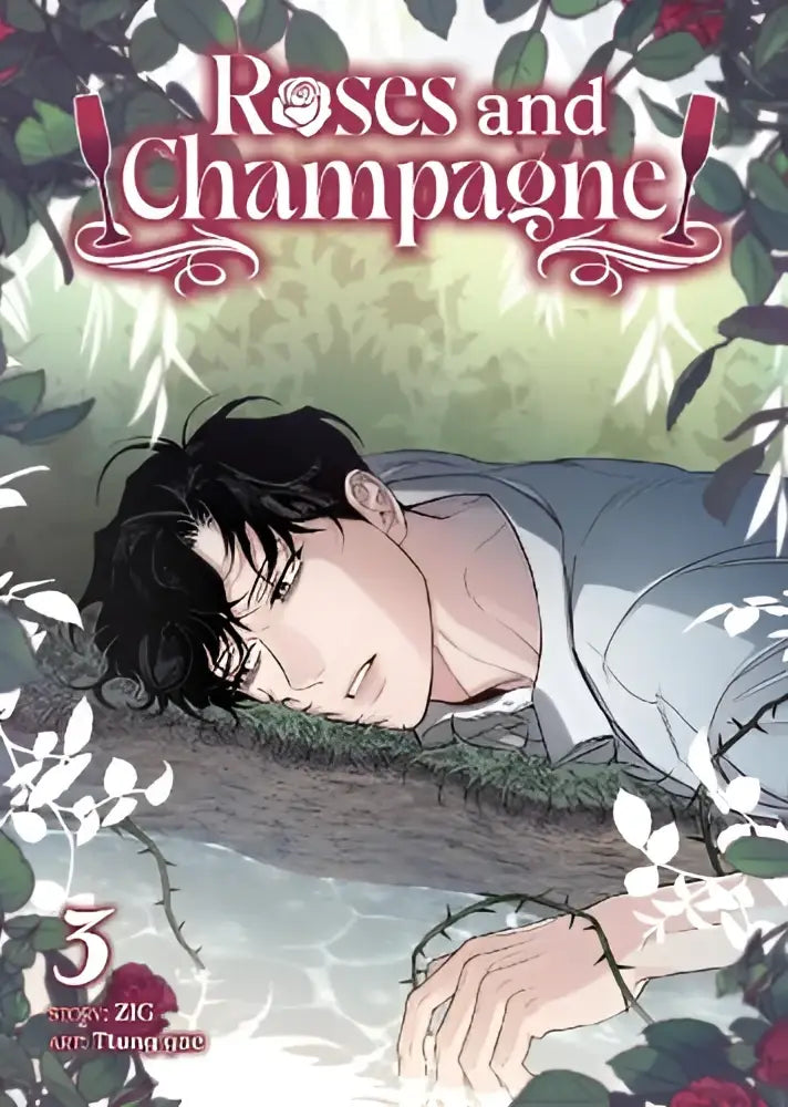 De cover van de manga roses and champagne toont een jonge man met donker haar liggend buiten in een lichtgrijs shirt