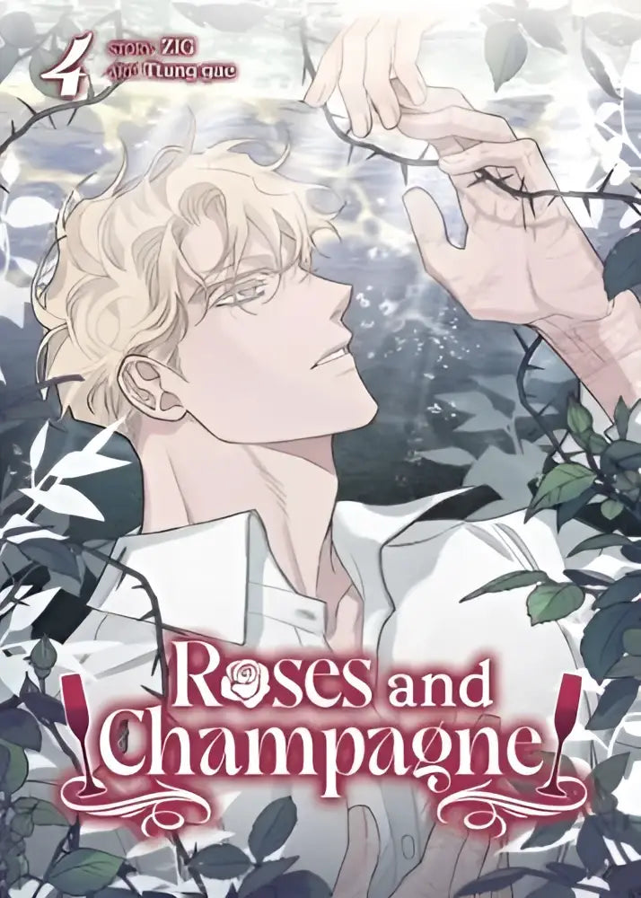 Een zachte, bleek anime man met golvend blond haar op de cover van roses and champagne comic vol 4