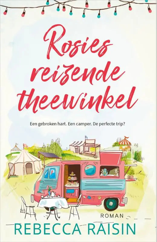 Een roze en turquoise vintage camper van rosies reizende theewinkel met een uitgifte raam en kleurrijke lichtjes
