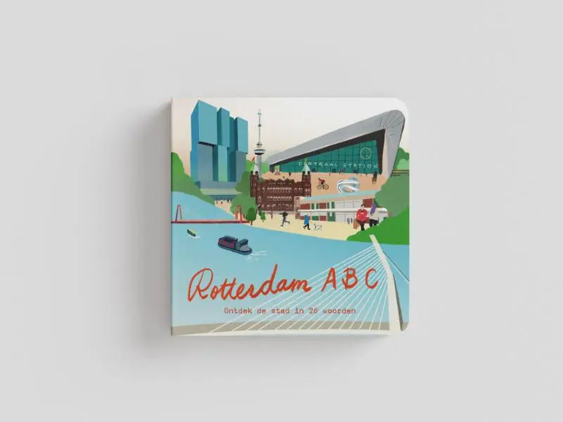 Een zacht geïllustreerd kinderluxe boek rotterdam abc met kleurrijke cartoonachtige stadsgezicht omslag