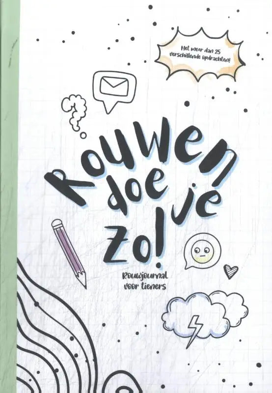 Een wit dagboek rouwen doe je zo met speelse handgetekende zwart-inktplaatjes van wolken en potloden